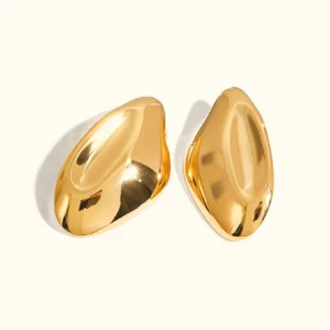 18K gold curved stud earrings top-down flat lay view polished teardrop design studio shot