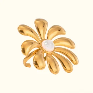 18K gold daisy pearl ring adjustable open band front view flat lay floral statement piece