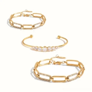 Complete 18k gold diamond bracelet trio collection flat lay showing all three styles on white background