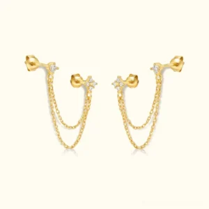 18K gold diamond chain stud earrings front view flat lay with dual curb chains and flower cubic zirconia accents