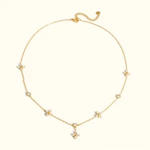 18k gold diamond clover necklace pendant flat lay front view with adjustable cable chain