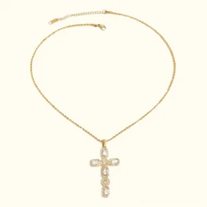 18K gold diamond cross necklace with cubic zirconia pendant, twisted rope chain, flat lay product shot on white background