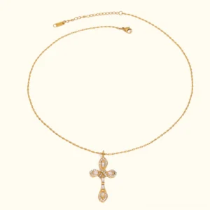 18K gold diamond crucifix cross pendant necklace flat lay top view luxury jewelry