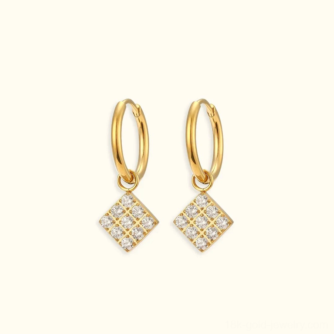 18K gold diamond-shaped cubic zirconia huggie hoop earrings geometric charm flat lay