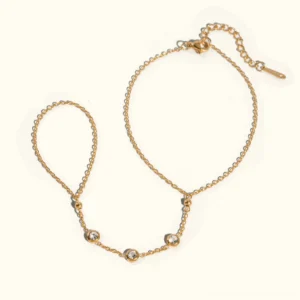 18K Gold Diamond Hand Chain Bracelet with Bezel-Set CZ Stones - Flat Lay Top View
