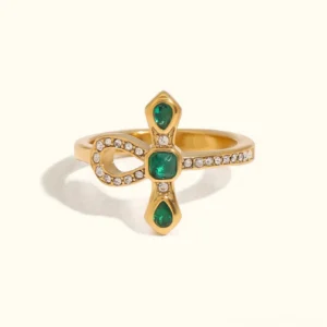 18K gold diamond knot ring with cubic zirconia - top-down studio flat lay view showing intricate knot design and brilliant gemstone setting