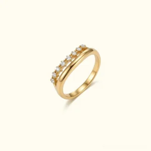 18K gold diamond simulant ring two-row design overhead flat lay clear gems sparkle