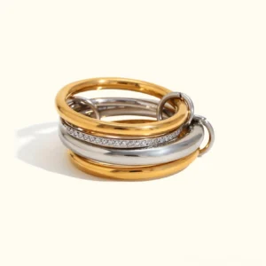 18K Gold Diamond Stack Ring Set - Top-Down View Showing Polished Two-Tone Bands with Pavé Diamond Inlay Details