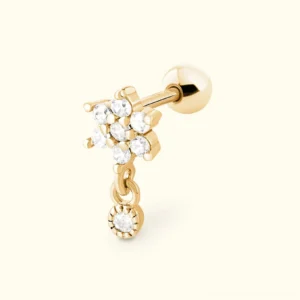 18K gold round cluster diamond stud earring with dangling charm front flat lay view showcasing brilliant AAAAA cubic zirconia