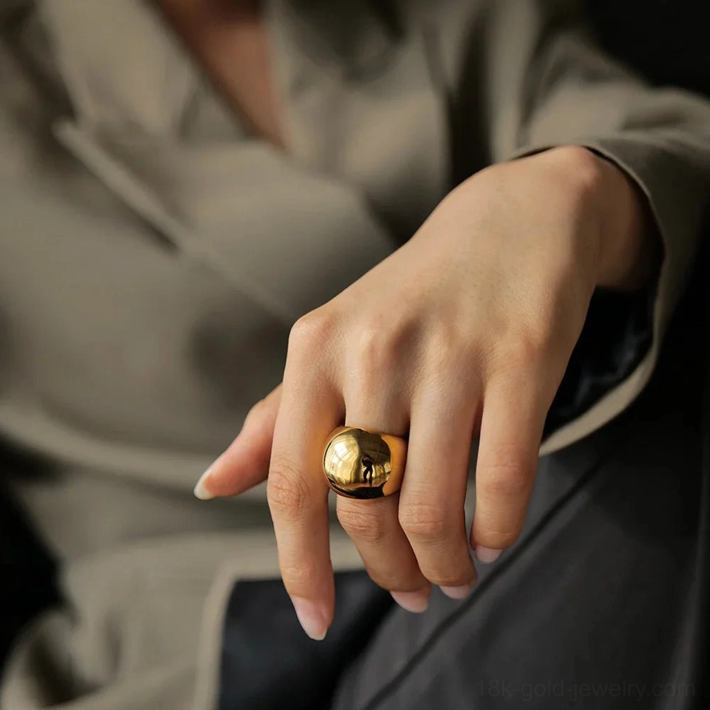 18K Gold Dome Ring on Model Wrist - Seamless Polished Gold Finish Worn with Neutral Blazer