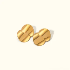 18K gold double disc stud earrings flat lay overhead view polished metallic finish minimalist design