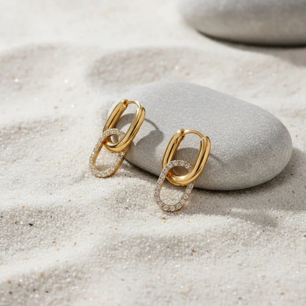 18K gold double hoop diamond earrings product authenticity verification, close-up showing craftsmanship and quality finish