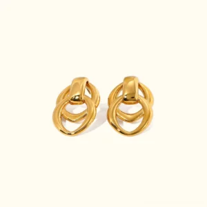 18K gold double link stud earrings front view polished hollow circular design plain background