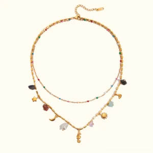18K gold layered beach charm necklace with dual chains and colorful stone pendants flat lay display on white background