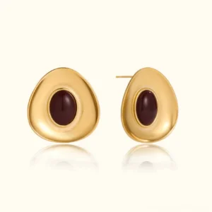 18K gold enamel stud earrings with dark stone on plain white background, front flat lay view showing irregular curved oval frame design