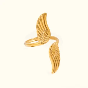 18K gold feather wing open ring flat lay top view adjustable statement ring with dual engraved feather motifs bright polish finish white background
