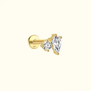 18K gold flat back diamond stud earring featuring marquise and round cubic zirconia stones in front product view with light beige background