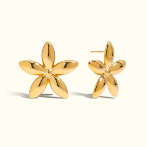 18K gold floral stud earrings front view, five-petal flower design with polished golden finish on white background