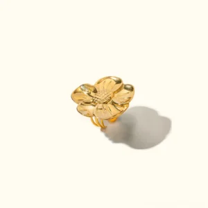 18K gold adjustable flower ring with open-ended petal design, polished gold tone statement piece, flat lay frontal view on white background