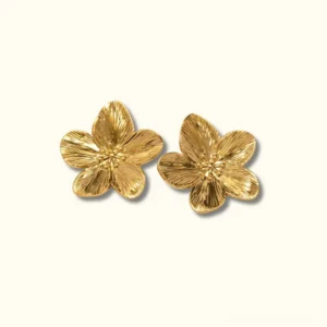 18K gold flower stud earrings flat lay front view showing delicate five-petal textured metallic design
