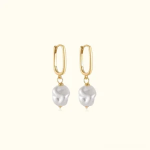 18K gold baroque freshwater pearl drop hoop earrings flat lay product photography on white background