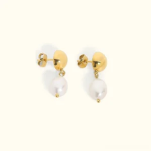18K gold freshwater pearl drop earrings flat lay top view showing gold dome studs with white baroque pearls