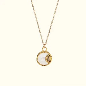 18K gold freshwater pearl geometric pendant necklace front view flat lay - white round pearl with gold fan detail on cable chain against plain background