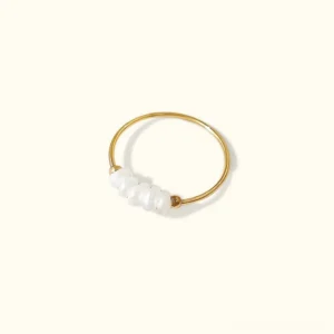 18K gold freshwater pearl ring flat lay frontal view with white pearl row on polished gold band