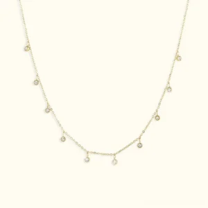 18K gold dainty gemstone necklace with clear cubic zirconia cascade pendant on delicate gold cable chain