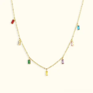 18K Gold Gemstone Dainty Necklace with Multi-Color Baguette Pendants - Flat Lay Top View on White Background