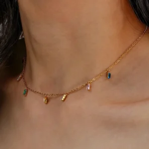 Gemstone Choker Necklace on Female Model - Close-up Neck Shot Showing Gold Chain with Colorful Baguette Stones