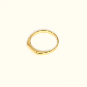 Sasha geometric 18K gold band ring flat lay top view showing polished rounded rectangular design on off-white background