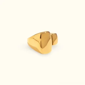 18K Gold geometric open ring with polished overlapping block design, side flat lay view showcasing luxury knot shape and mirror-like finish
