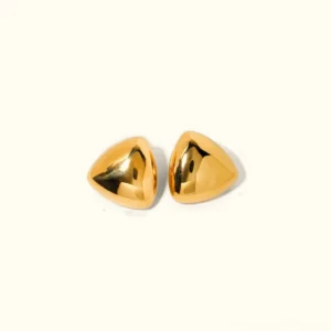 18K yellow gold geometric triangle stud earrings flat lay top-down view polished finish