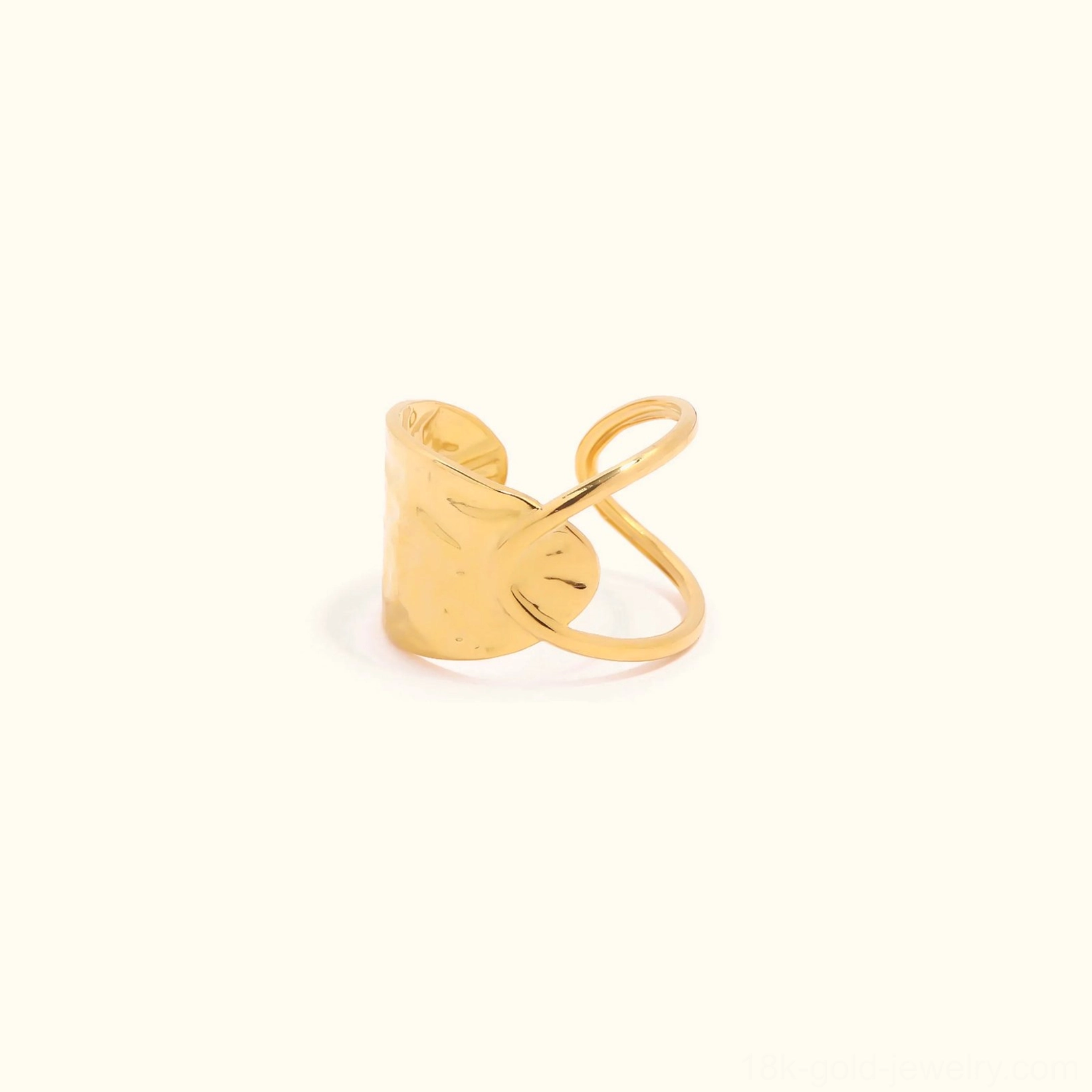 18K gold hammered open wrap ring front view minimalist design on neutral background