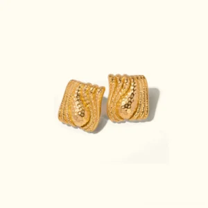 18K gold hammered wavy stud earrings with teardrop silhouette flat lay on white background