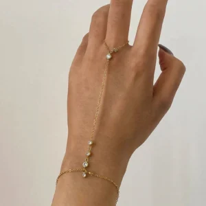 Delicate finger-to-wrist hand chain in 18K gold with linear CZ stone design worn on light skin hand, close-up top view