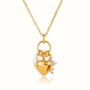 18K gold heart charm necklace with pearl and CZ crystal accents, polished gold finish, front flat lay product display on white background