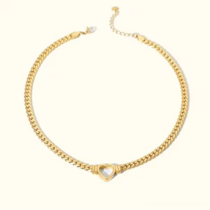 18K gold heart choker necklace flat lay product shot with hollow heart pendant and adjustable curb chain on white background