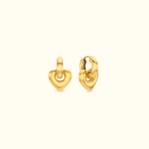 18K gold heart drop hoop earrings with detachable charm front flat lay view polished glossy finish