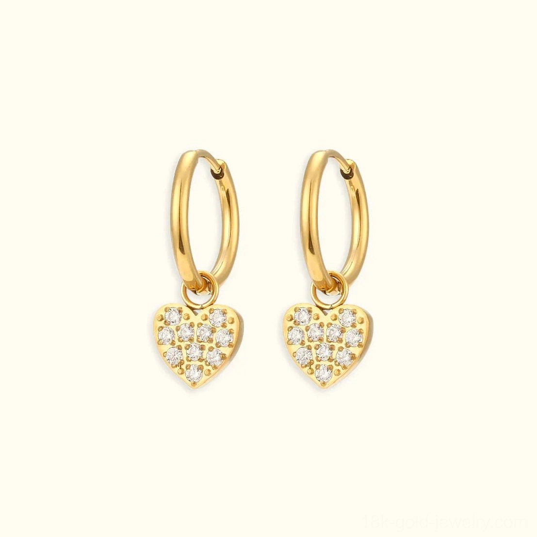 18K gold heart charm huggie hoop earrings full pavé cubic zirconia setting flat lay