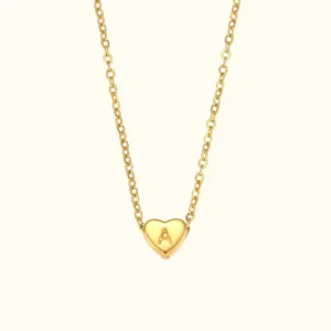 18K gold heart initial necklace with engraved letter A pendant, polished finish, flat product view