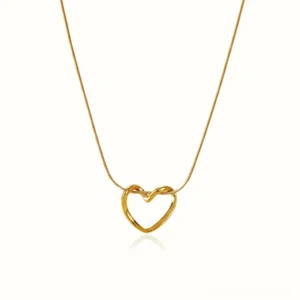 18K gold intertwined double heart knot pendant necklace front flat lay studio view polished finish