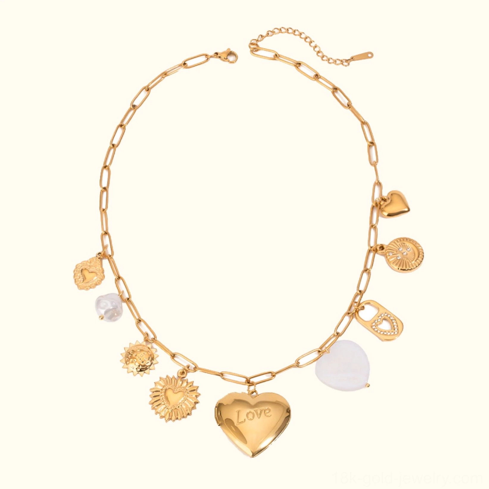 18K gold heart locket necklace flat lay with paperclip chain and pearl charm accents, overhead product view on white background