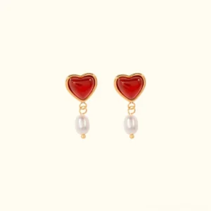 18K gold heart pearl drop earrings front view flat lay with neutral background showcasing lustrous freshwater pearl and polished gold heart bezel