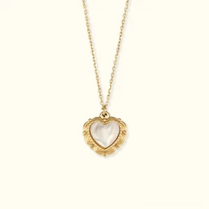 18K gold heart pearl necklace pendant on white background, front flat lay view showing delicate gold frame and lustrous white freshwater pearl