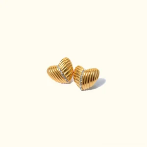 Selene 18K gold heart stud earrings with diamond simulants front view flat lay on neutral background
