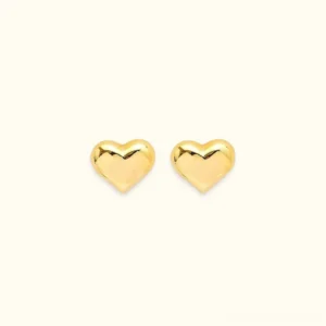 18K gold heart stud earrings flat lay front view, polished smooth golden finish with glossy shine