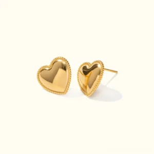 18K gold heart stud earrings frontal view on plain background, showcasing glossy gold finish with beaded border detail