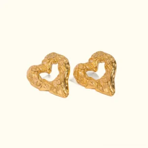 18K gold textured heart stud earrings front view flat lay on plain background showing crumpled design and polished finish